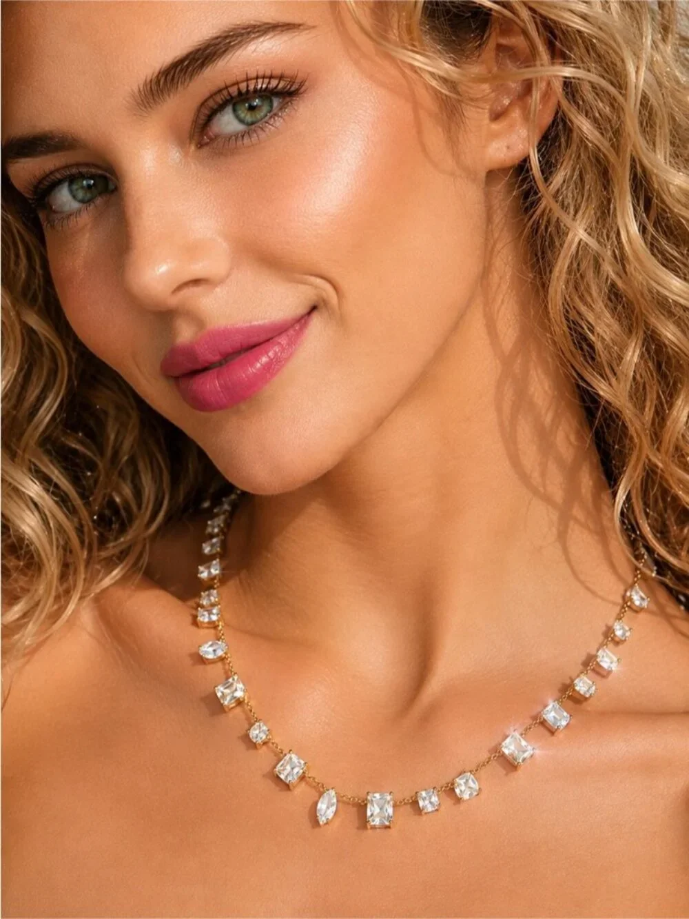 Gold Necklace with Clear Crystal Drops